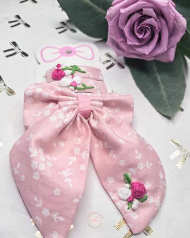 Rose Garden - Bow & Two Hair Clips Handmade set with embroidered roses, consisting of a pink floral signature bow and two matching hair clips.