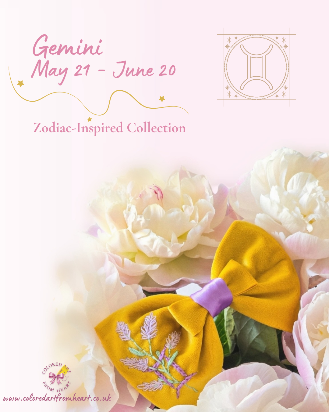 Gemini Bow - Zodiac-Inspired Collection Yellow velvet bow with lilac Gemini symbol and lavender embroidered and soft lilac center.