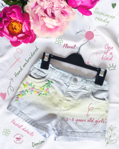 Tiny Pastel Garden - Denim Shorts for 2-3 years old Girls Denim shorts for 2-3 year-old girls with pastel floral embroidery.