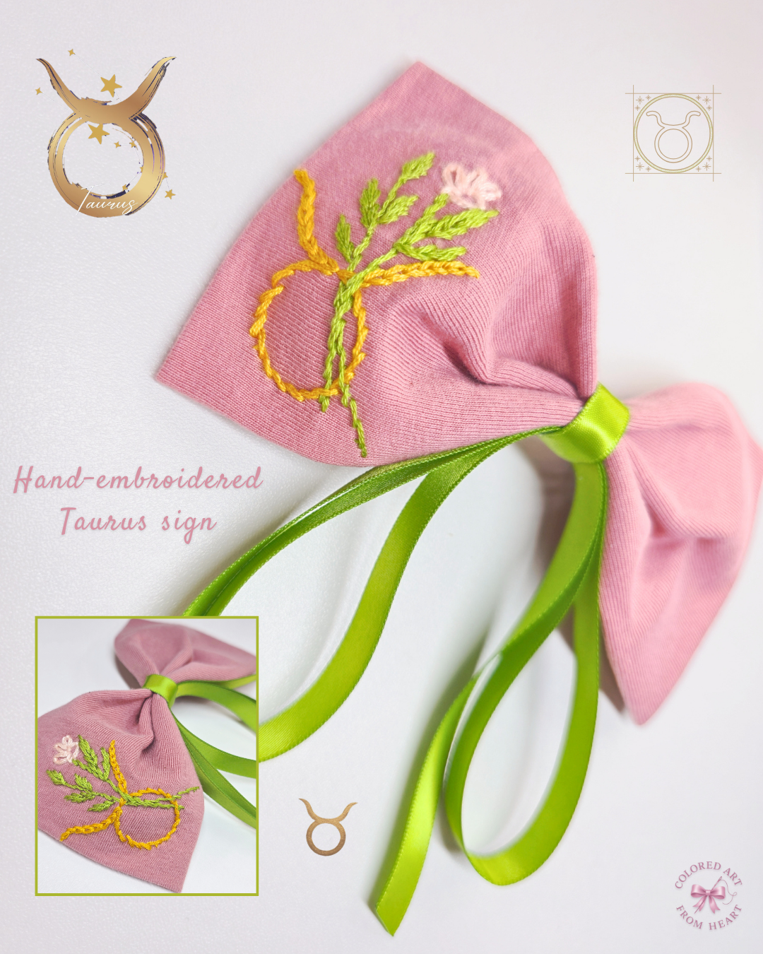 Taurus Bow - Zodiac-Inspired Collection Lovely pink bow with Taurus symbol embroidered and elegant earthy green tails