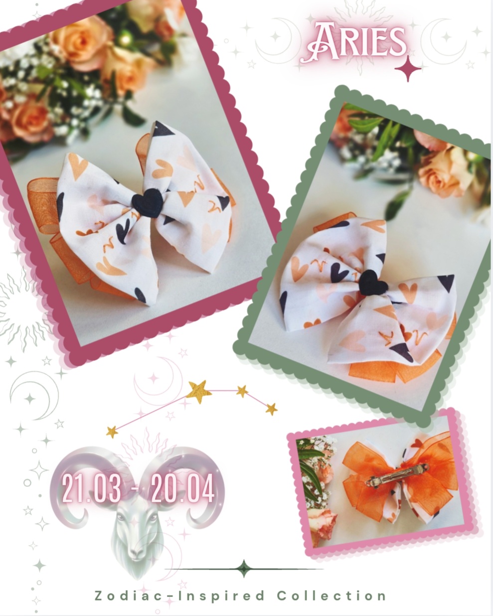 Aries Bow - Zodiac-Inspired Collection White and orange zodiac-inspired signature bow featuring embroidered Aries symbol and delicate hearts details.