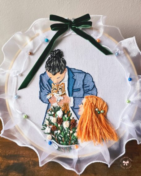 Embroidered wedding scene of a couple with a cat, surrounded by floral elements.