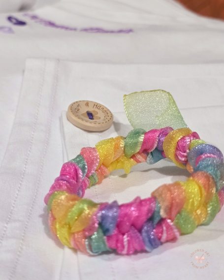 Handmade scrunchie crafted from pastel ombre ribbon inspider bu unicorn colours.