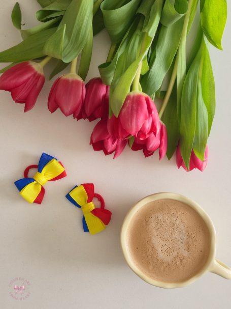 Handmade mini bow set inspired by the Romanian flag (in blue, yellow and red).