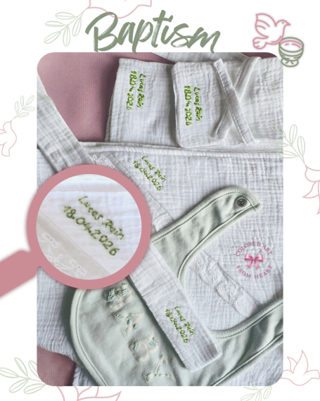 Textiles and accessories for baptism, embroidered with the baby's name and baptism date