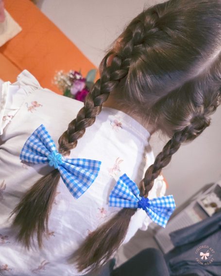Handmade blue gingham bows; set of two, worn on braided pigtails.