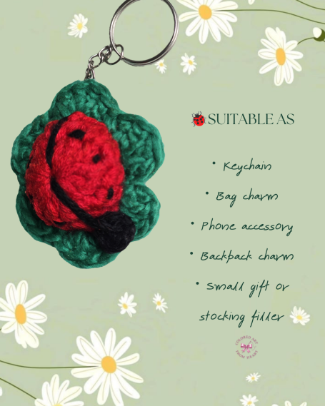 A crocheted keychain featuring a red lady bug on a green leaf background.